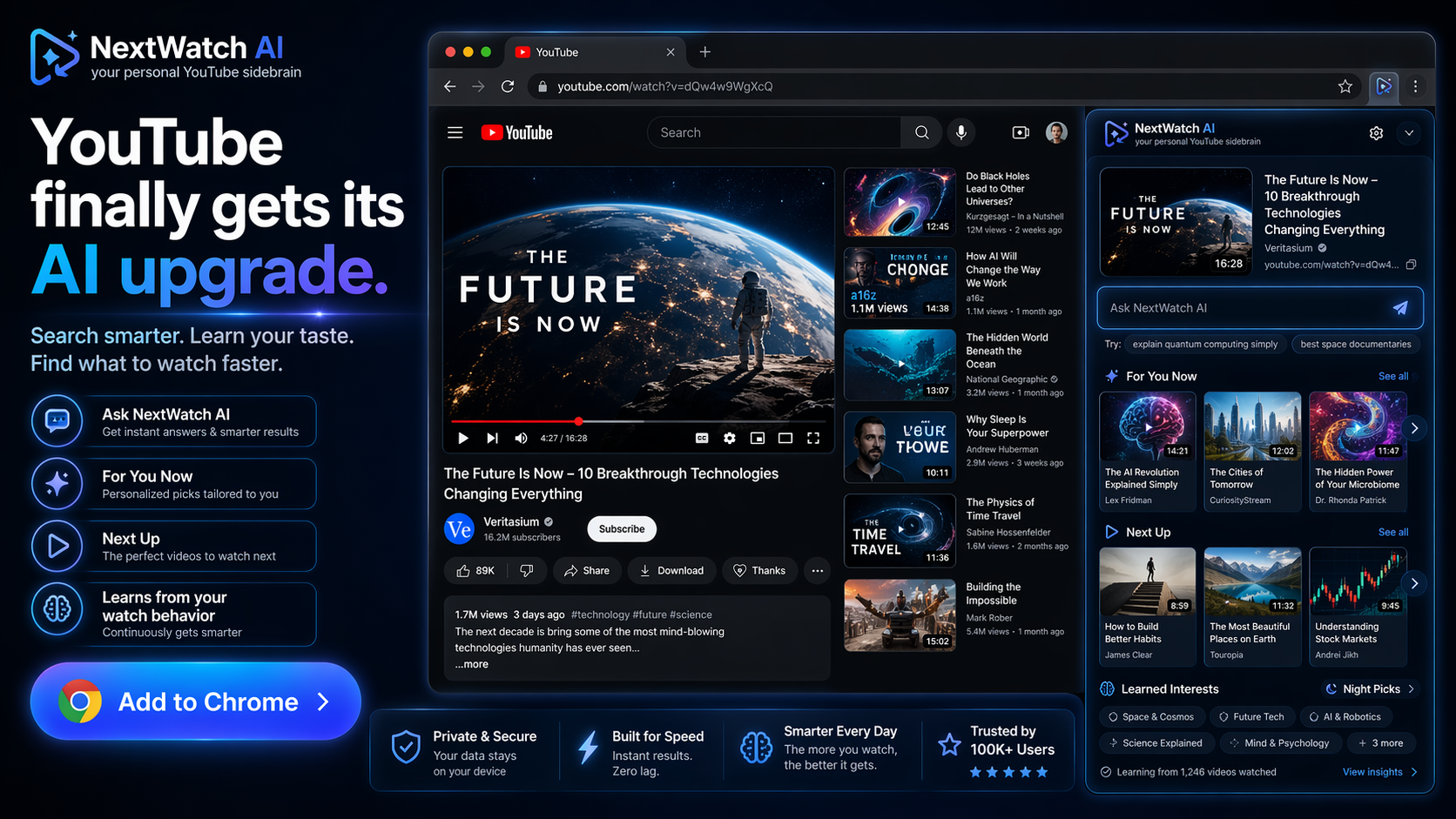 NextWatch AI sidepanel recommendation and discovery interface